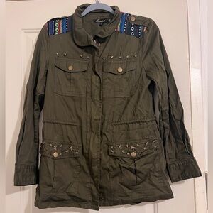 Cecico Military Utility Jacket Olive Green Star Studs Embroidered Western